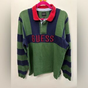 GUESS Green & Navy Rugby Polo with Red Logo Collar